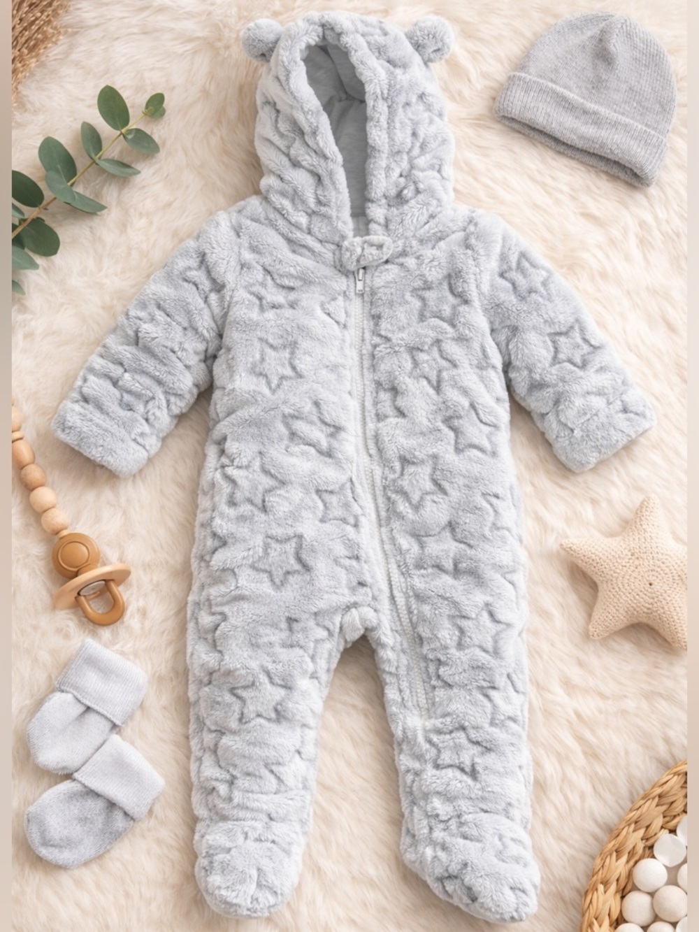 Wonder Nation | Gray | Plush Star Footed Snowsuit | Baby 6–9M Cozy Fleece Hoodie